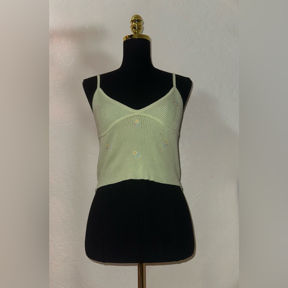 Light Green Ribbed V-Neck Cami with Floral Embroidery